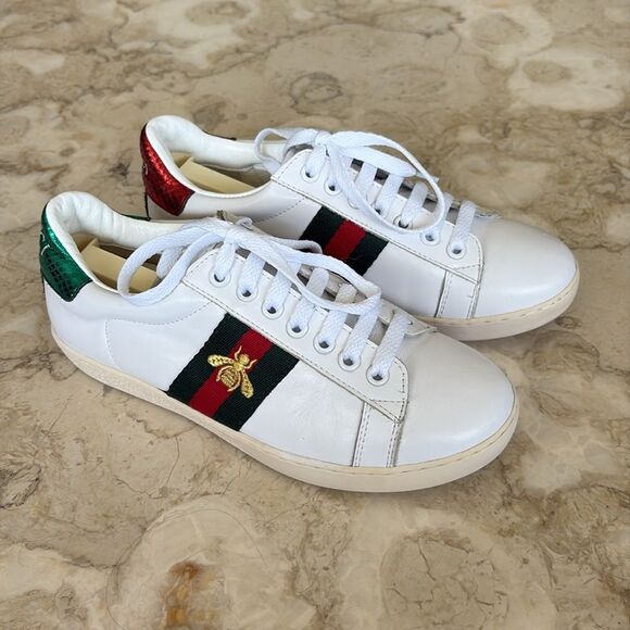 Gucci Ace Leather Sneakers Red/Green/Bee Embroidered - Picture 3 of 13